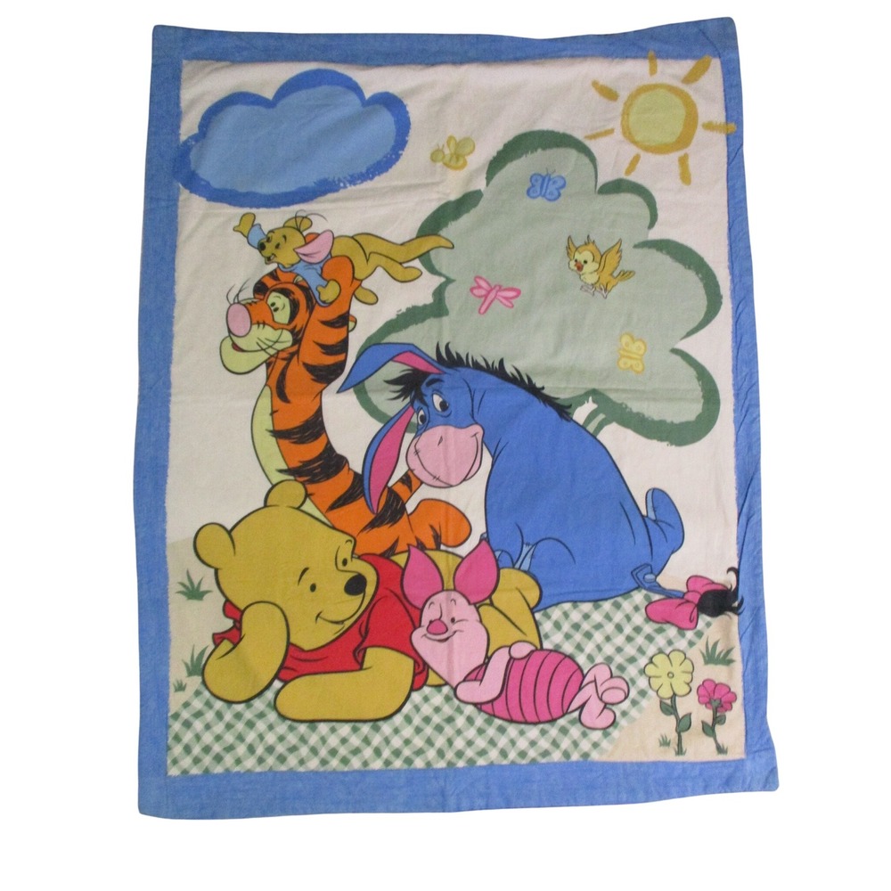 Vintage Disney Winnie the Pooh Tigger Eeyore Piglet Baby Blanket Blue Border